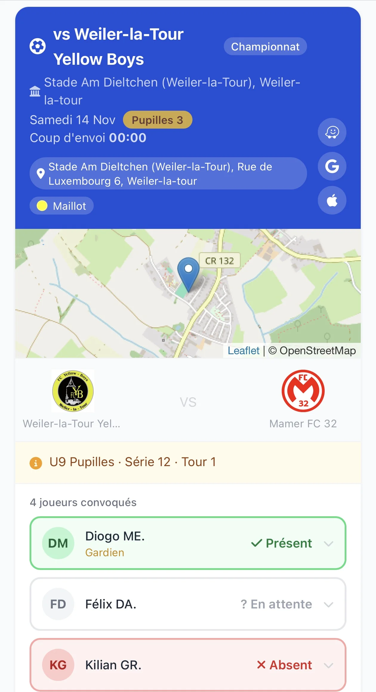 La page qu'un parent ouvre sur son téléphone : le match des U11 contre Luxembourg City FC dimanche à 9 h 30, le plan du stade, et la liste des joueurs convoqués avec leur réponse.